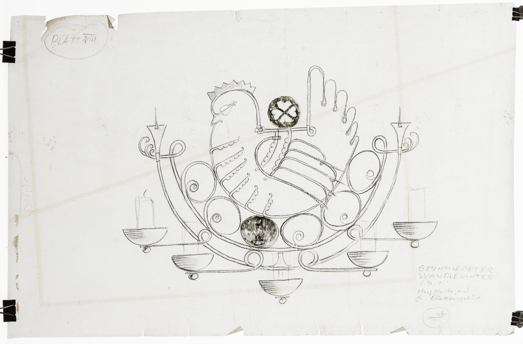 Kohlezeichnung, Tusche 48x74 cm, 1936„Wandleuchter, 1. Preis“