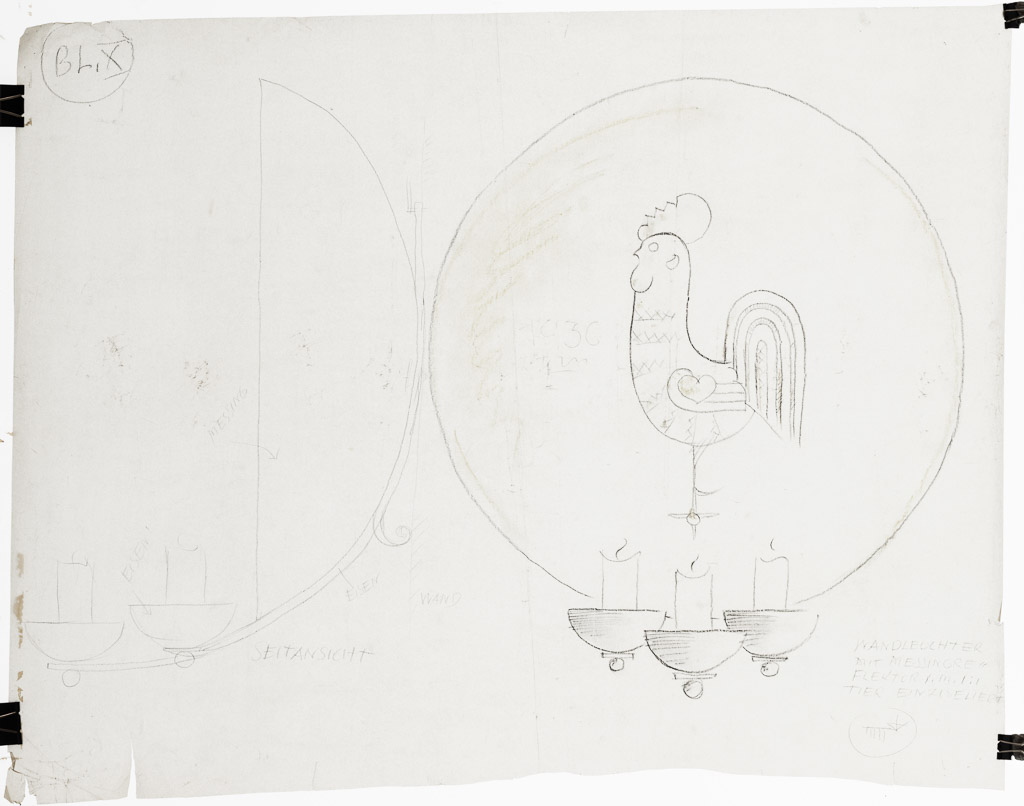 Bleistiftzeichnung 58x74 cm, 	1936, Wandleuchter mit Messingreflektor