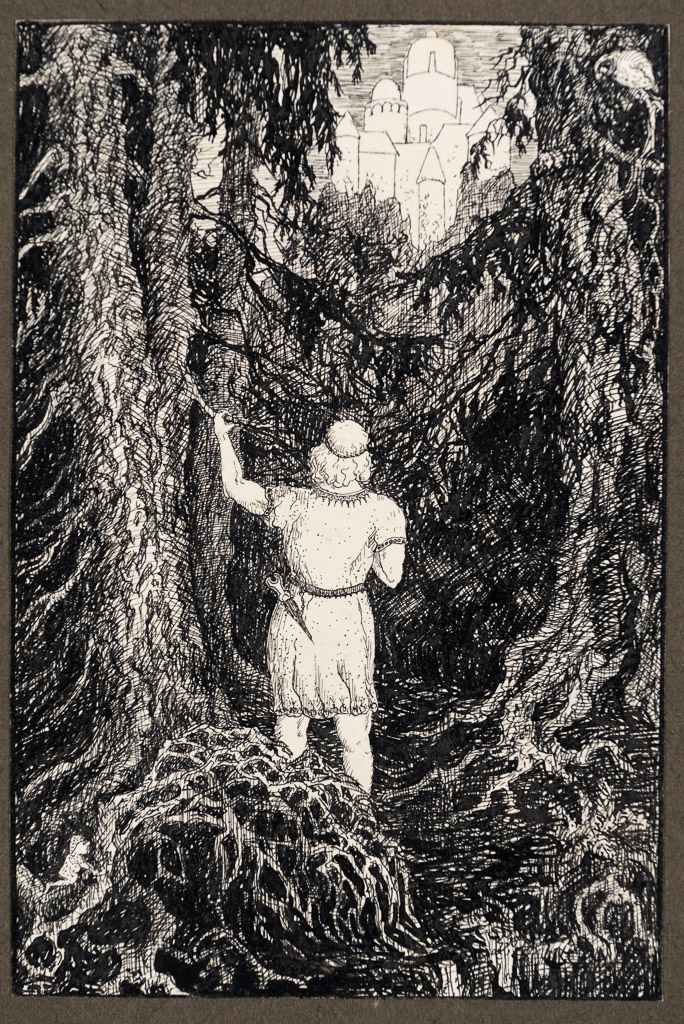 Prinz im Wald, Federzeichnung 13x9 cm