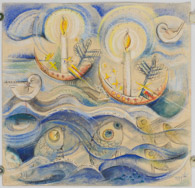 Schwimmende Kerzen auf dem Meer, Pastellgemälde 40x40cm