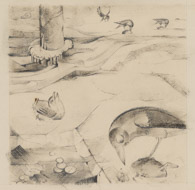 Vögel am Wasser, Bleistiftzeichnung 26x24cm