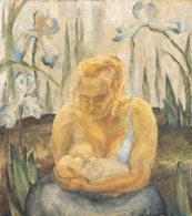 Mutterbild mit Schwertlilien, Ölbild 59x53 cm