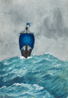 Blaues Segelschiff, Tusche 17x12 cm