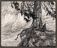 Zwerg am Baum, 1918, Federzeichnung 7x8 cm