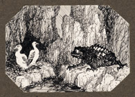 Fabewesen und Jungvögel, 1918, Federzeichnung 4x6 cm