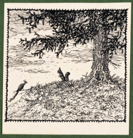 Eichhörnchen und Pfau, 1918, Federzeichnung 9x9 cm